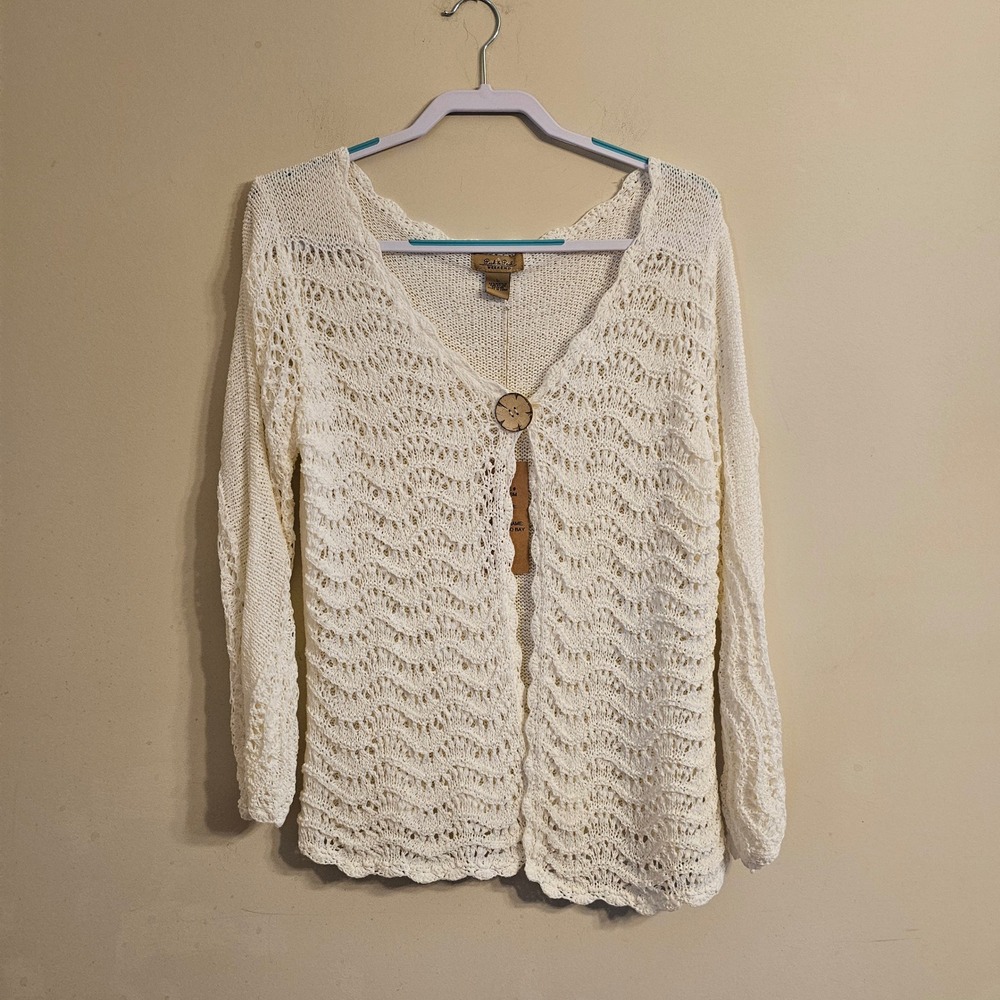 Peck & Peck Weekend Cardigan Womens L White Open Knit Crochet Button S7134SM